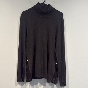 Renuar Gray Turtleneck Sweater with Ribbed Knit Texture and Lace Details Size L